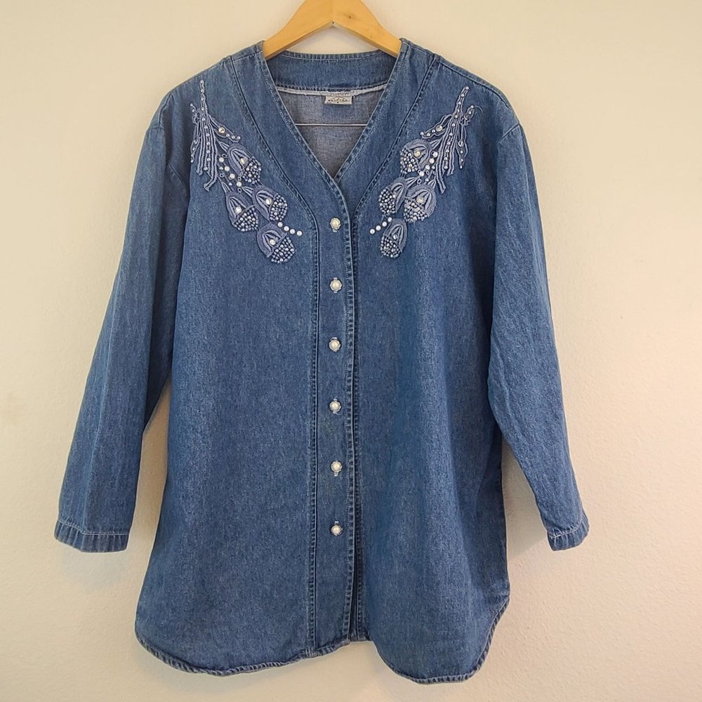Vintage 90s Womens Sz M Floral Embroidered Denim Pearl Shirt Jacket Rodeo West - Picture 6 of 9